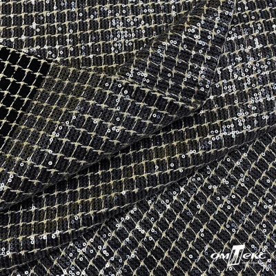 Ткань костюмная с пайетками, 100%полиэстр, 460+/-10 гр/м2, 150см #309 - цв. чёрный - купить в Кургане. Цена 1 203.93 руб.